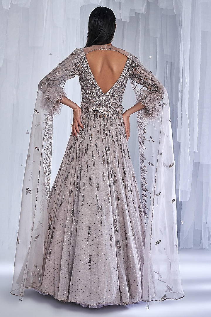 Silver Organza Embellished Bridal Anarkali With Cape by Dolly J at Pernia's Pop Up Shop