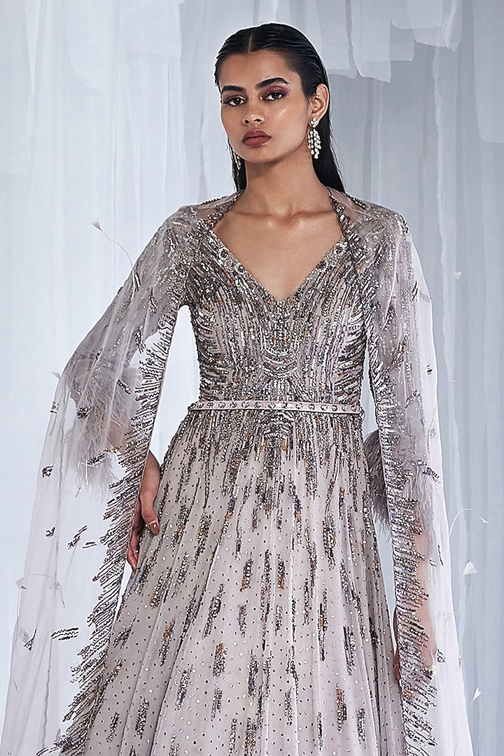 Silver Organza Embellished Bridal Anarkali With Cape by Dolly J at Pernia's Pop Up Shop