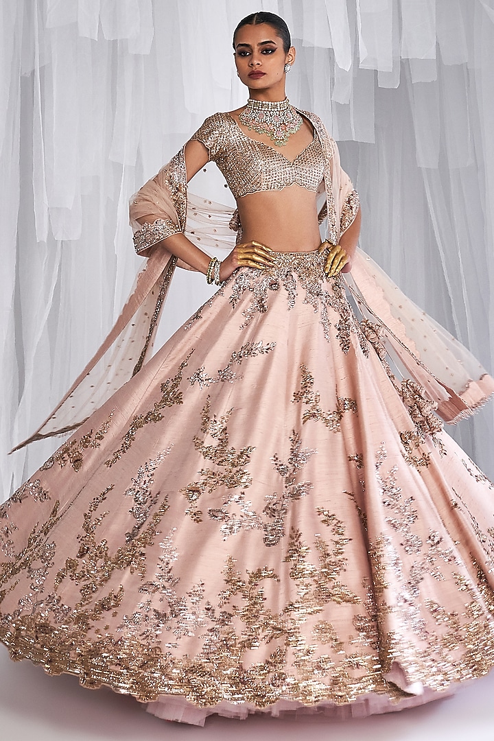 Pale Peach Raw Silk Embroidered Lehenga Set by Dolly J