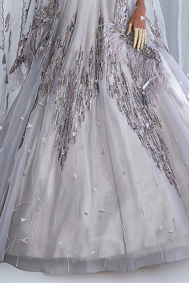 Silver Grey Organza Embroidered Jacket Bridal Lehenga Set by Dolly J at Pernia's Pop Up Shop 2026 Silver Grey Organza Embroidered Jacket Bridal Lehenga Set by Dolly J at Pernia's Pop Up Shop 2026