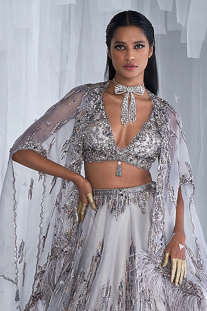 Silver Grey Organza Embroidered Jacket Bridal Lehenga Set by Dolly J at Pernia's Pop Up Shop