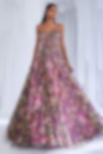 Multi-Colored Organza Embroidered & Printed Gown by Dolly J