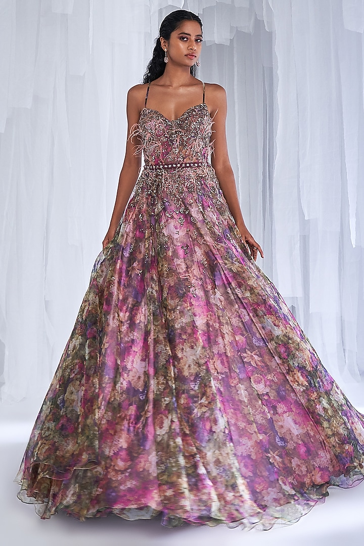 Multi-Colored Organza Embroidered & Printed Gown by Dolly J