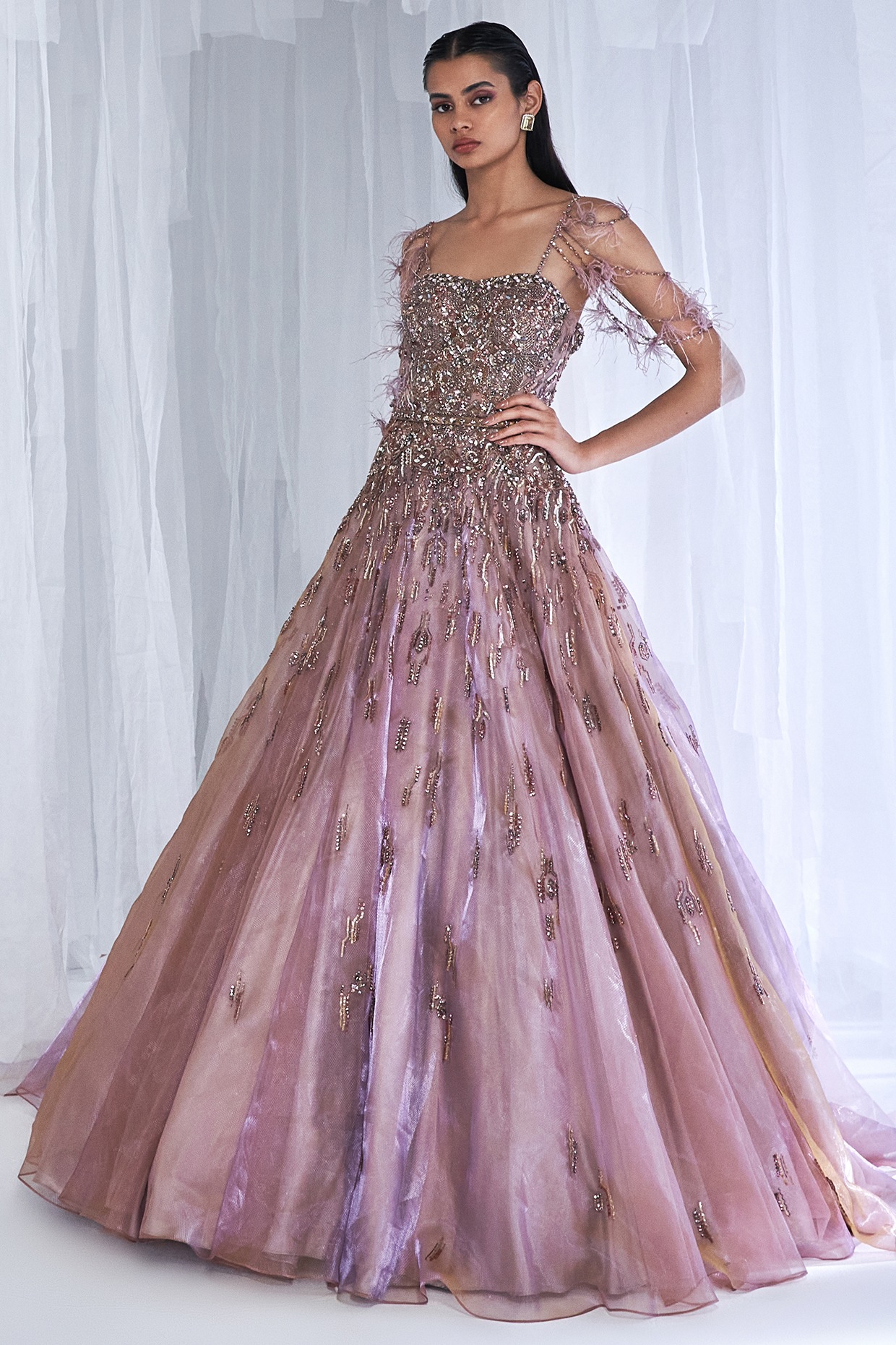 Lavender Tissue Organza Embroidered Gown Design by Dolly J at