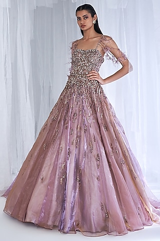 Lavender Tissue Organza Embroidered Gown by Dolly J