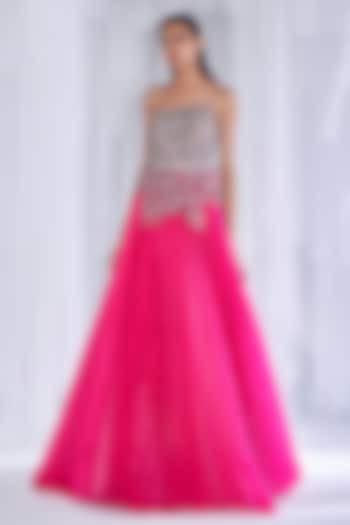 Fuchsia Organza Embroidered Pleated Gown by Dolly J