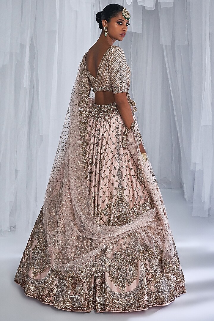Pale Peach Raw Silk Embroidered Bridal Lehenga Set by Dolly J at Pernia's Pop Up Shop