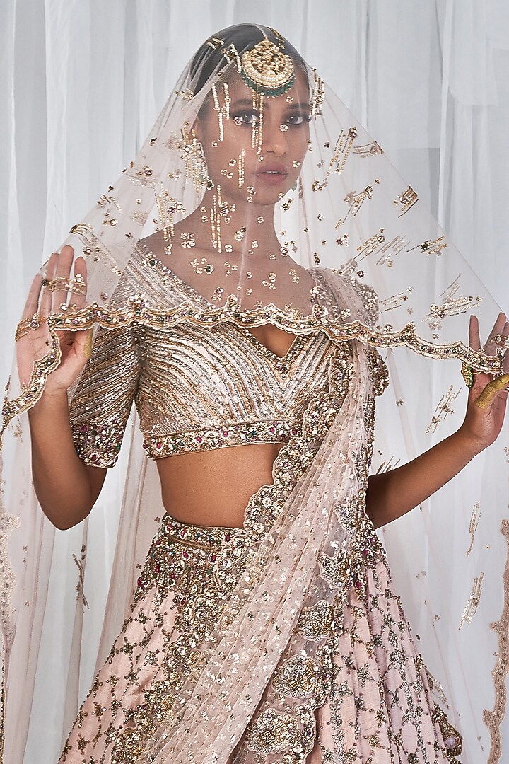Pale Peach Raw Silk Embroidered Bridal Lehenga Set by Dolly J at Pernia's Pop Up Shop