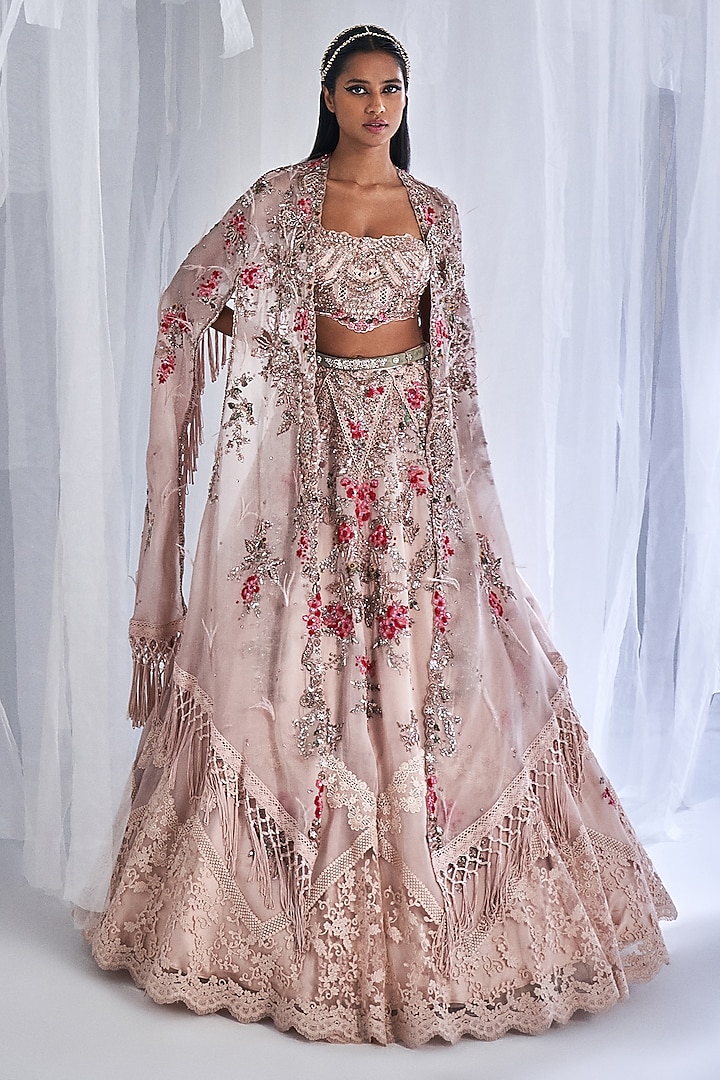 Ivory Organza Embroidered Jacket Bridal Lehenga Set by Dolly J at Pernia's Pop Up Shop