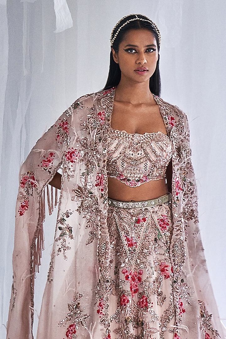 Ivory Organza Embroidered Jacket Bridal Lehenga Set by Dolly J at Pernia's Pop Up Shop