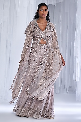 Grey Chiffon Embroidered Sharara Set by Dolly J