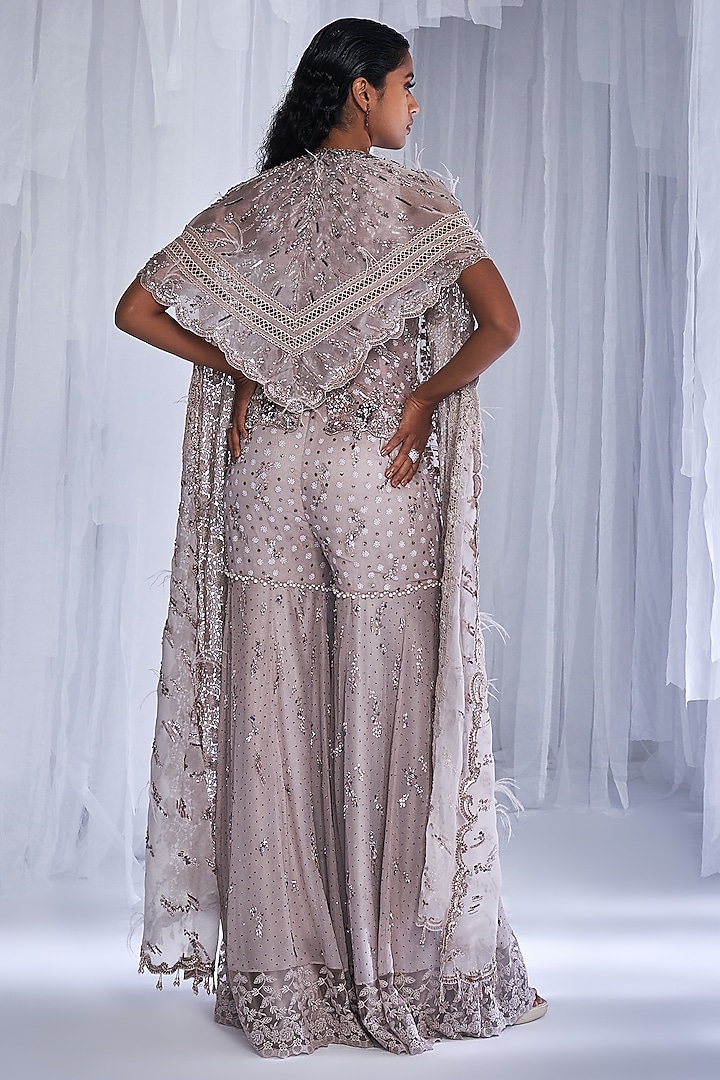 Grey Chiffon Embroidered Bridal Sharara Set by Dolly J at Pernia's Pop Up Shop
