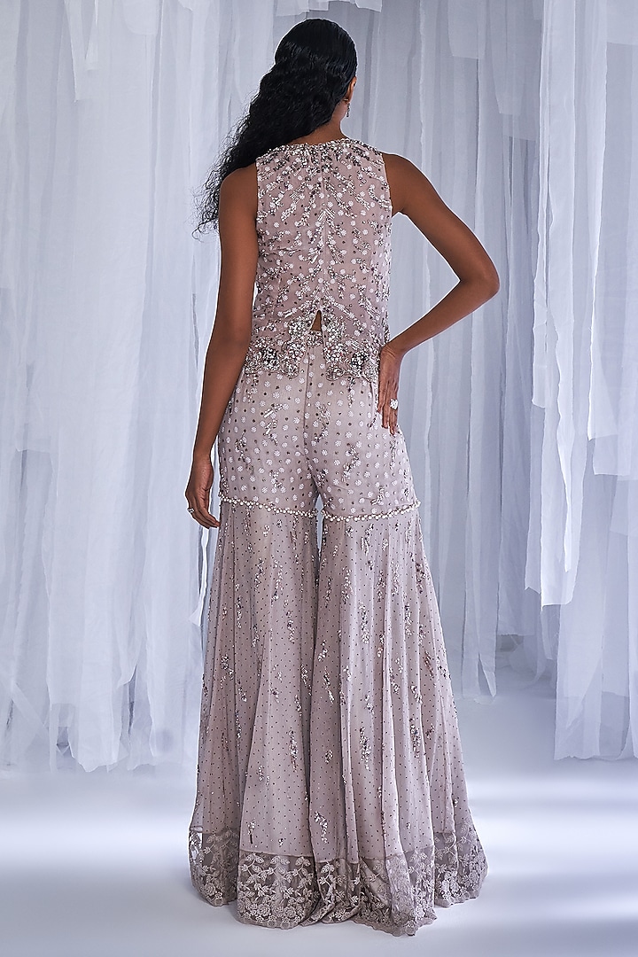 Grey Chiffon Embroidered Bridal Sharara Set by Dolly J at Pernia's Pop Up Shop