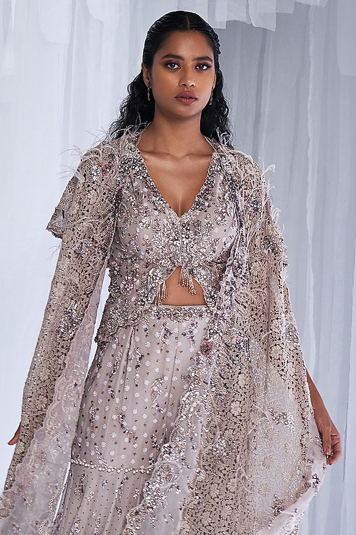 Grey Chiffon Embroidered Bridal Sharara Set by Dolly J at Pernia's Pop Up Shop