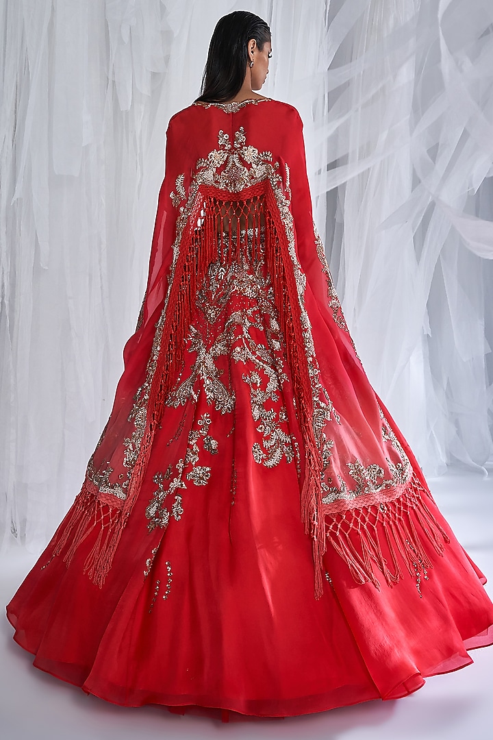 Scarlet Silk Organza Embroidered Jacket Bridal Lehenga Set by Dolly J at Pernia's Pop Up Shop