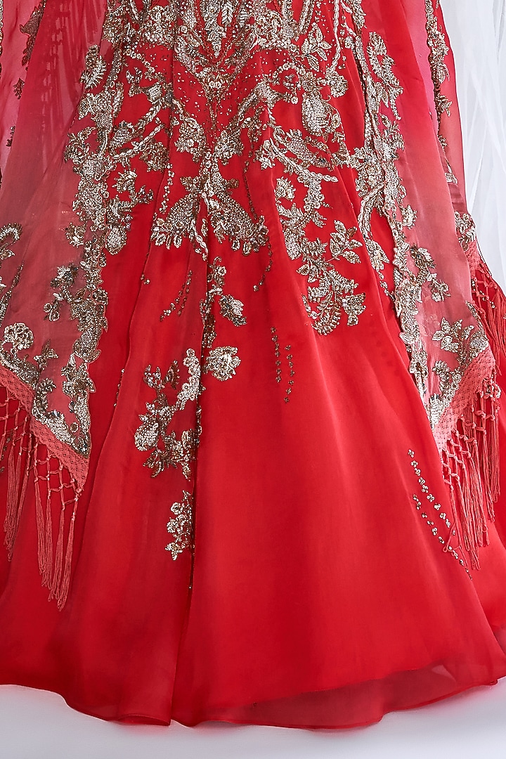 Scarlet Silk Organza Embroidered Jacket Bridal Lehenga Set by Dolly J at Pernia's Pop Up Shop