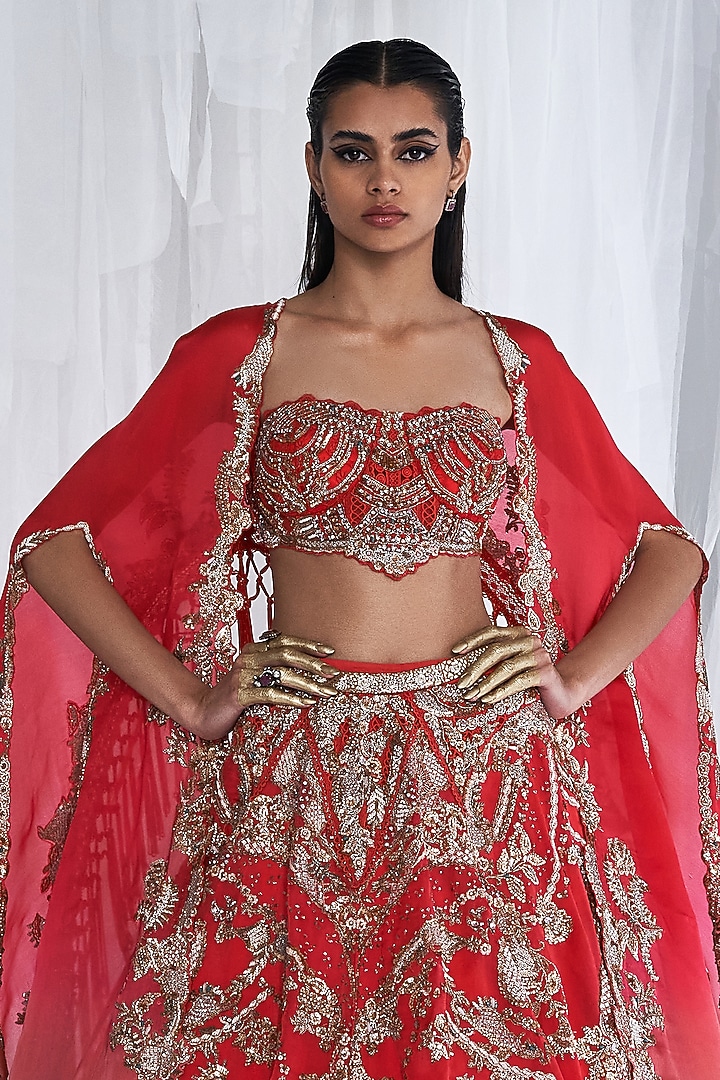 Scarlet Silk Organza Embroidered Jacket Bridal Lehenga Set by Dolly J at Pernia's Pop Up Shop
