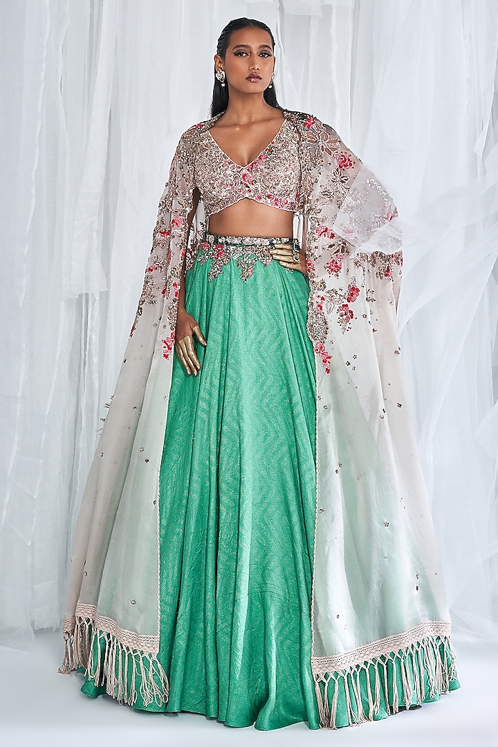 Green Banarasi Silk Jacket Lehenga Set by Dolly J