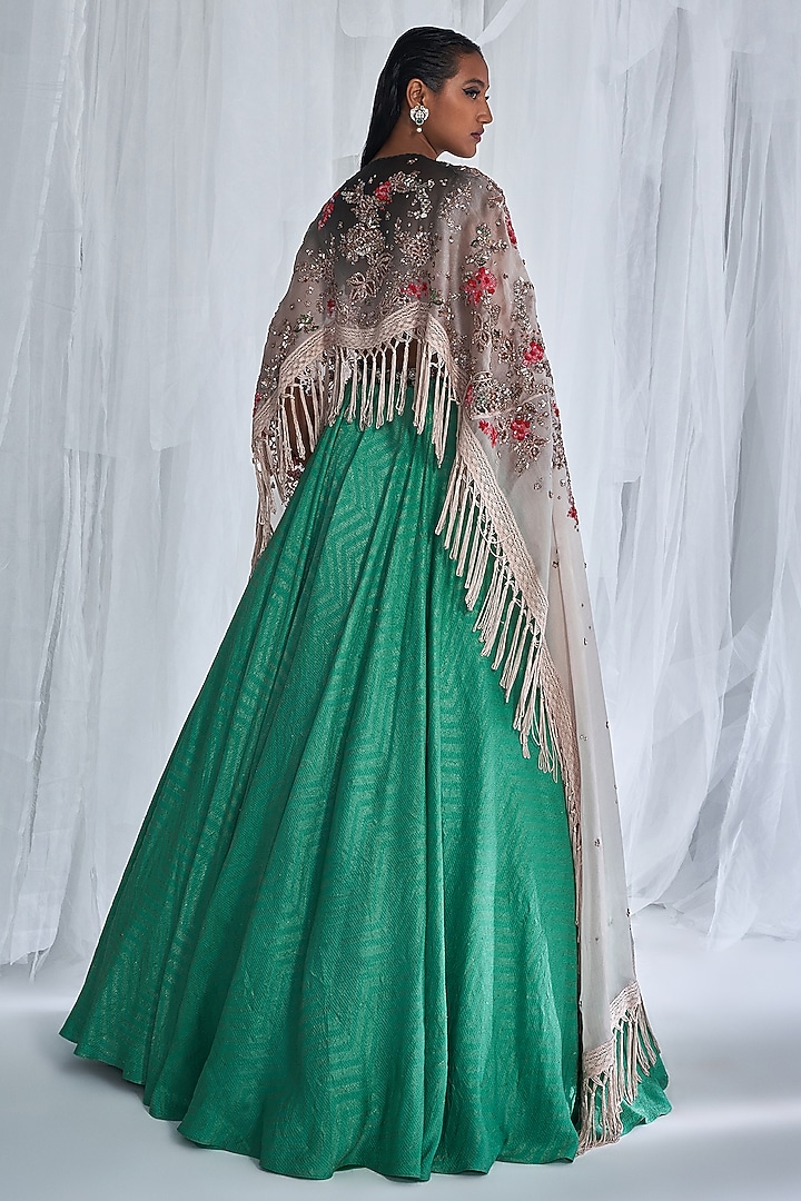 Green Banarasi Silk Jacket Wedding Lehenga Set by Dolly J at Pernia's Pop Up Shop