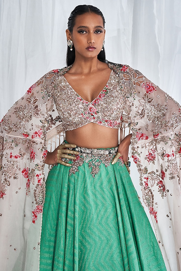 Green Banarasi Silk Jacket Wedding Lehenga Set by Dolly J at Pernia's Pop Up Shop