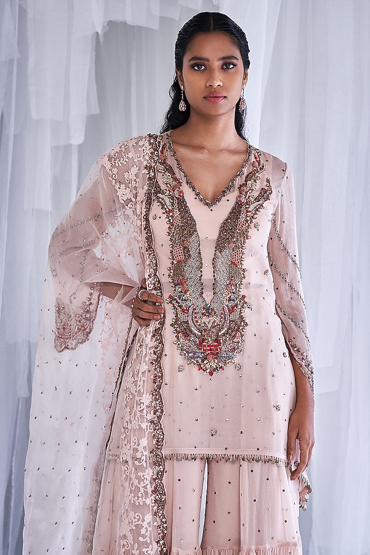 Pink Chiffon Bridal Sharara Set by Dolly J at Pernia's Pop Up Shop