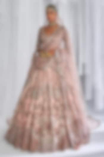 Champagne Pink Raw Silk Embroidered Lehenga Set by Dolly J