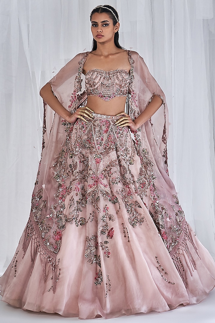 Pink Organza Embroidered Jacket Lehenga Set by Dolly J