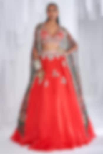 Red Silk Organza Embroidered Jacket Lehenga Set by Dolly J