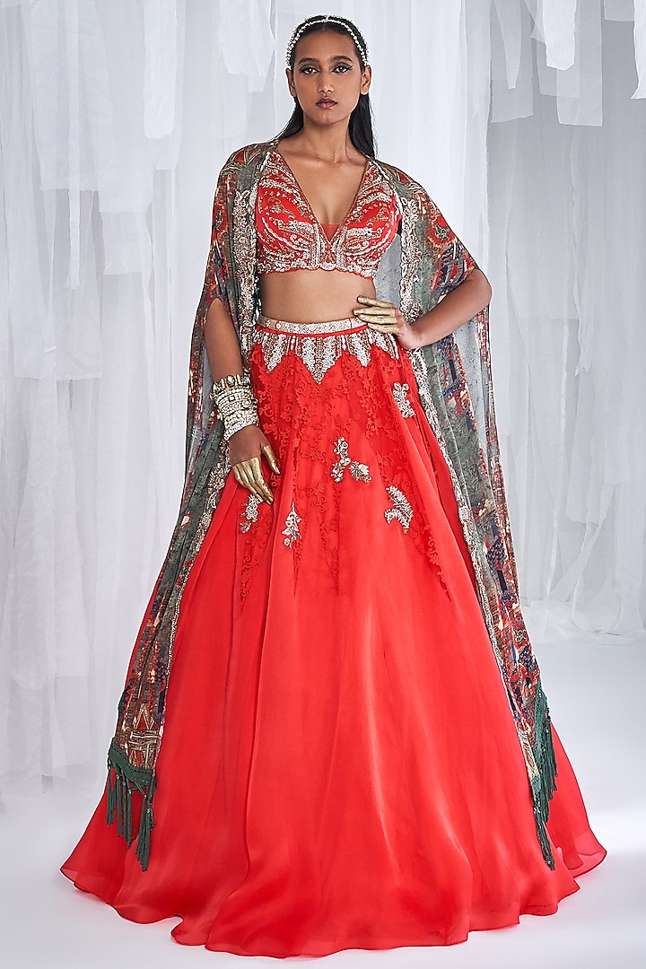 Red Silk Organza Embroidered Jacket Lehenga Set by Dolly J