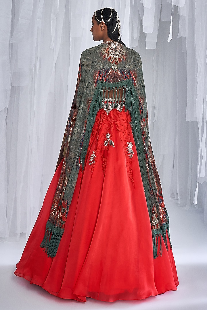 Red Silk Organza Embroidered Jacket Wedding Lehenga Set by Dolly J at Pernia's Pop Up Shop