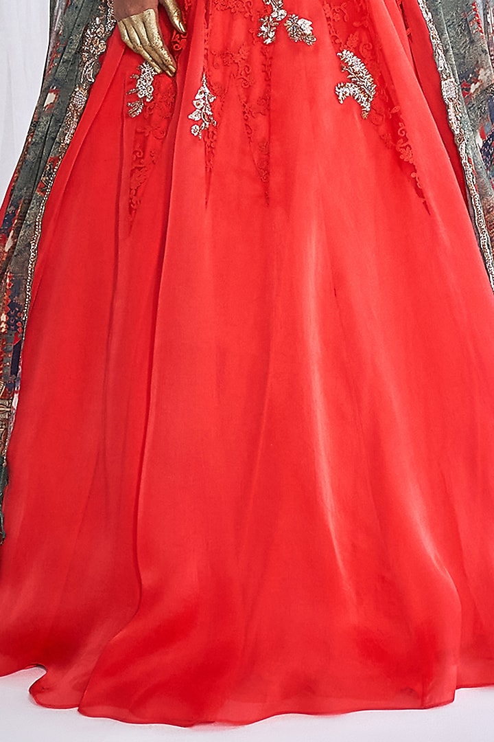 Red Silk Organza Embroidered Jacket Wedding Lehenga Set by Dolly J at Pernia's Pop Up Shop
