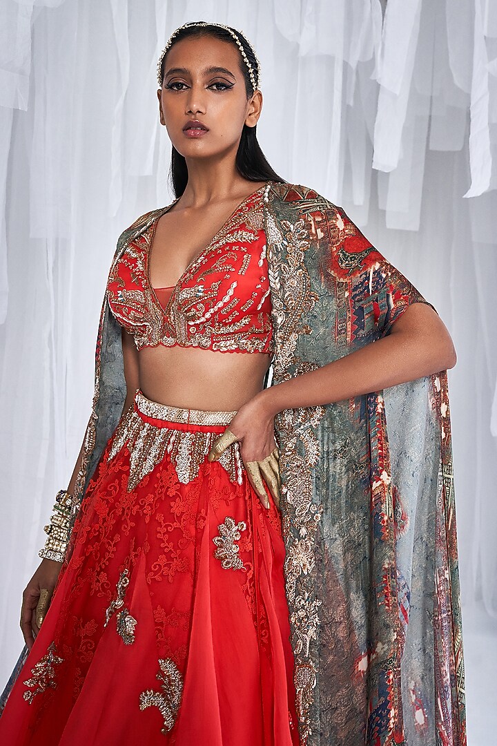 Red Silk Organza Embroidered Jacket Wedding Lehenga Set by Dolly J at Pernia's Pop Up Shop