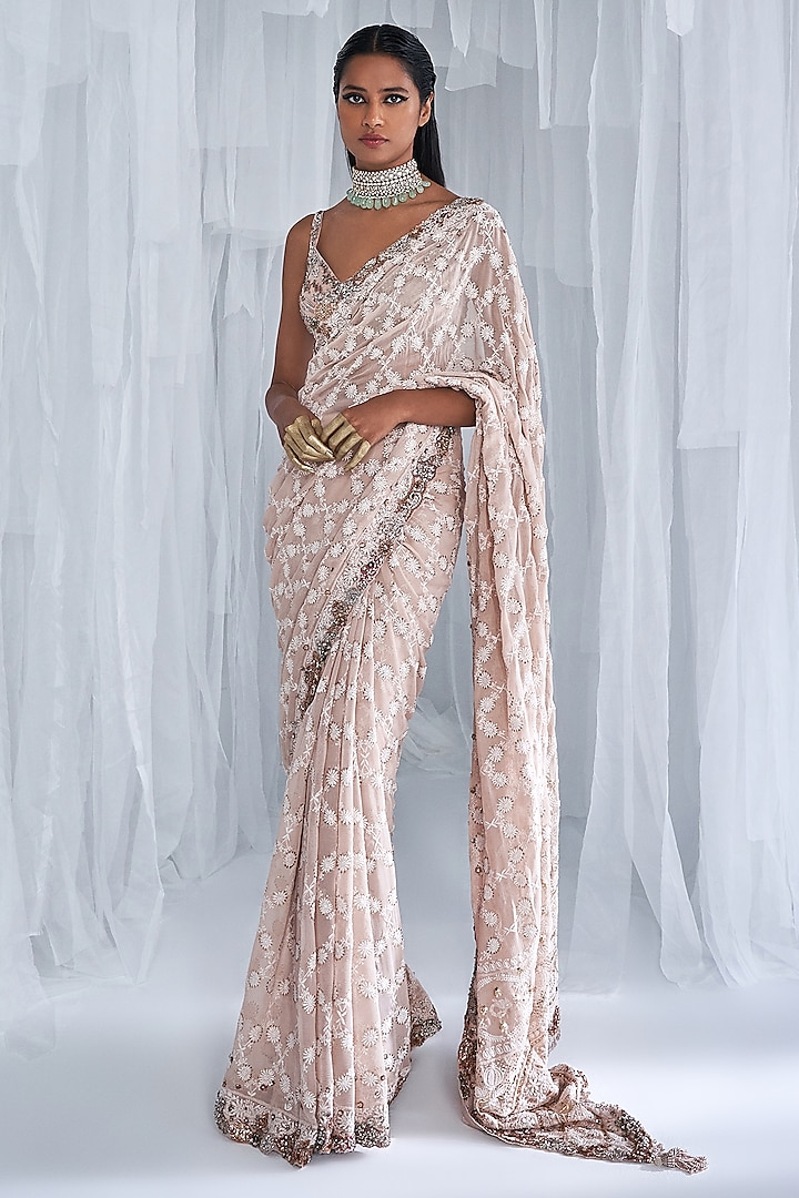 Ivory Chiffon Embroidered Saree Set Design by Dolly J at Pernia's Pop Up Shop 2023