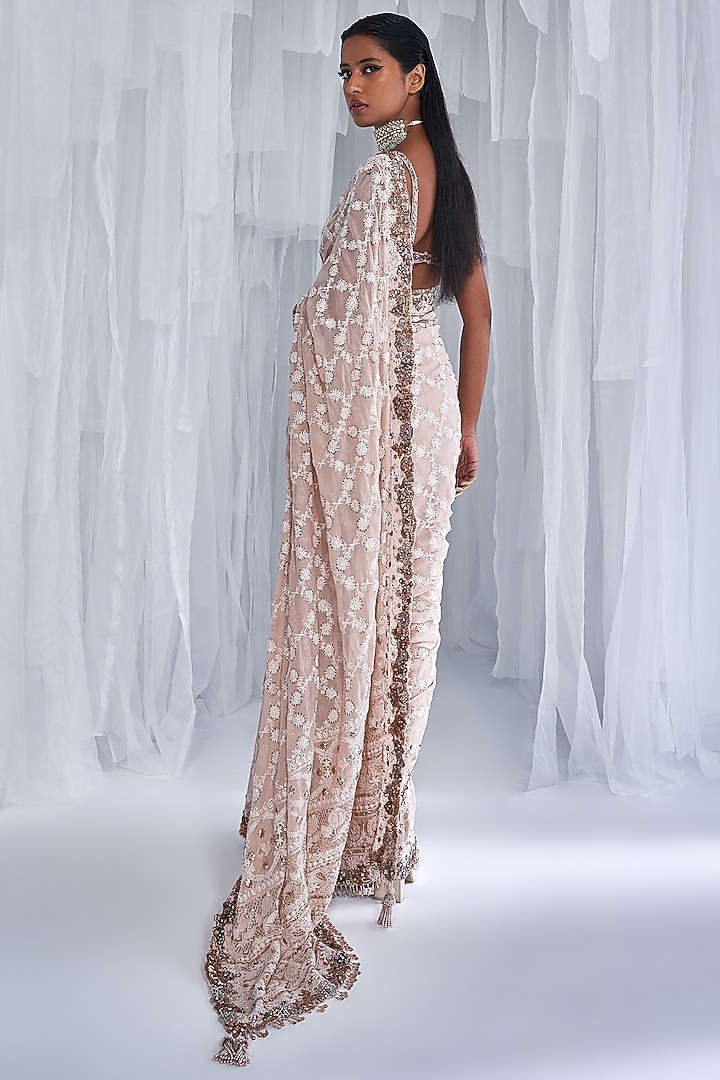 Ivory Chiffon Embroidered Bridal Saree Set by Dolly J at Pernia's Pop Up Shop