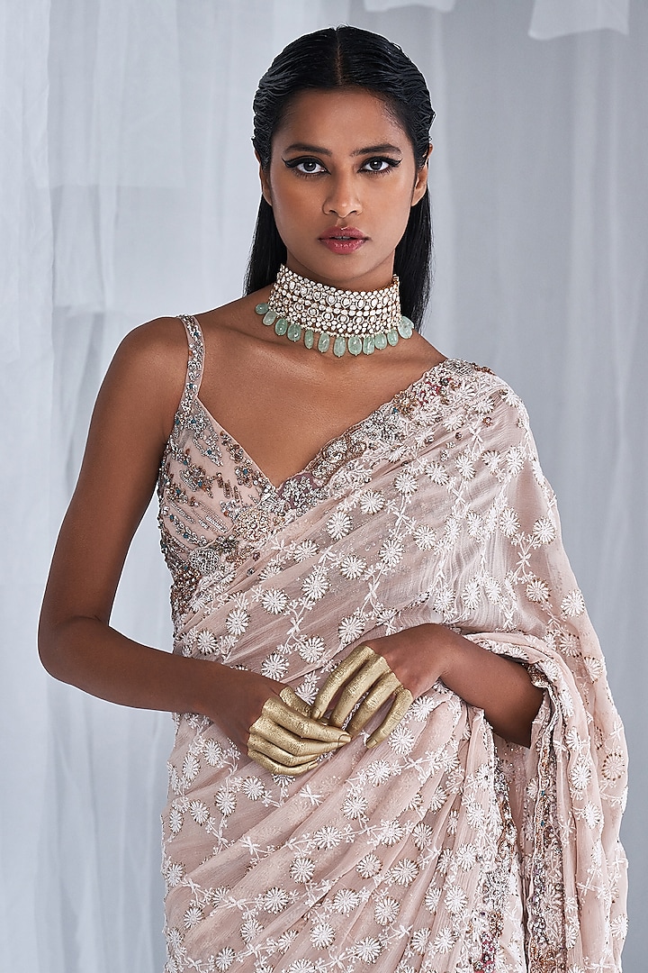 Ivory Chiffon Embroidered Saree Set Design by Dolly J at Pernia's Pop Up Shop 2024