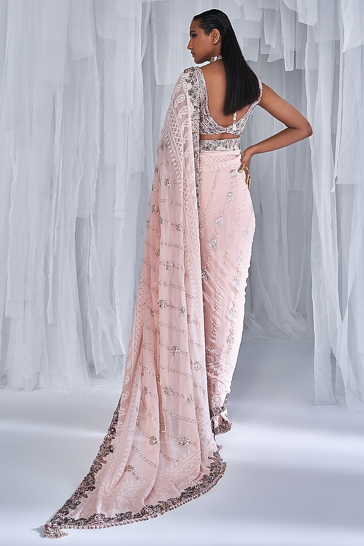 Pale Pink Chikankari Embroidered Bridal Saree Set by Dolly J at Pernia's Pop Up Shop