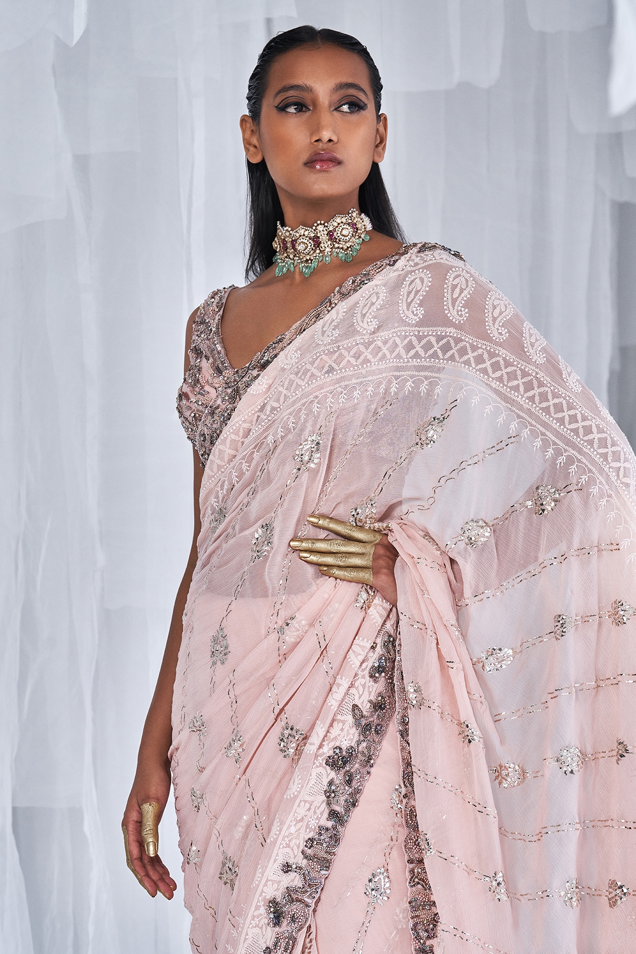 Buy Saree | Light Pink Embroidered Party Wear Silk Saree At Hatkay