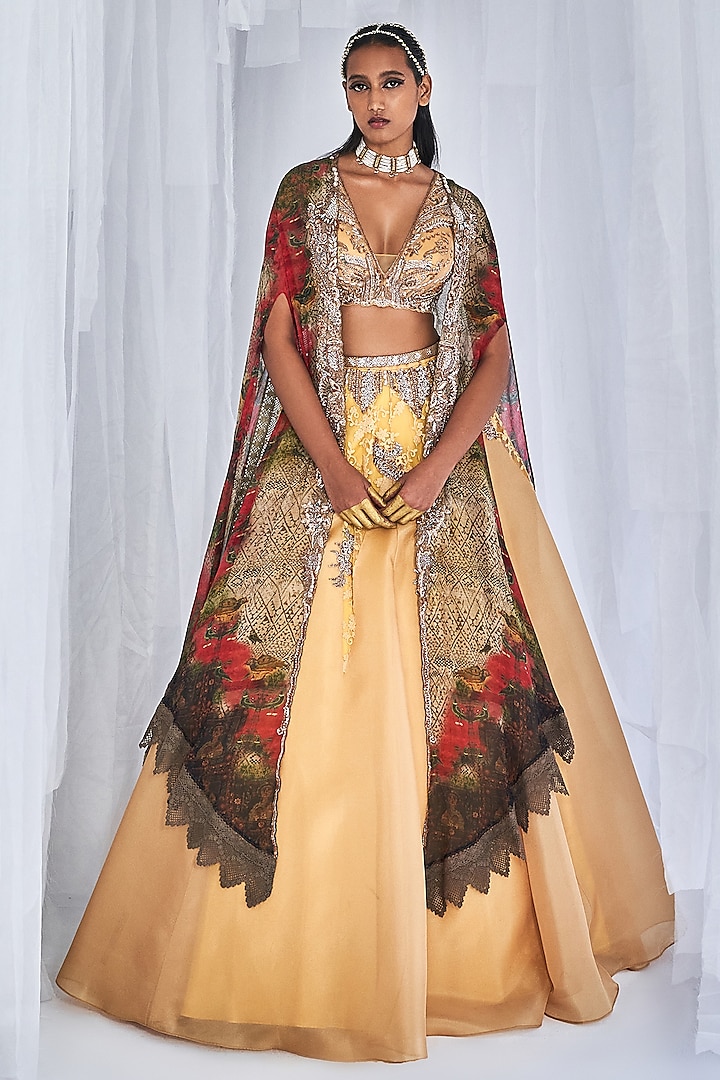 Pale Yellow Organza Embroidered Jacket Lehenga Set by Dolly J