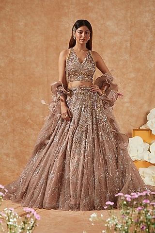 Misty Rose Shimmer Tulle Panelled Lehenga Set by Dolly J