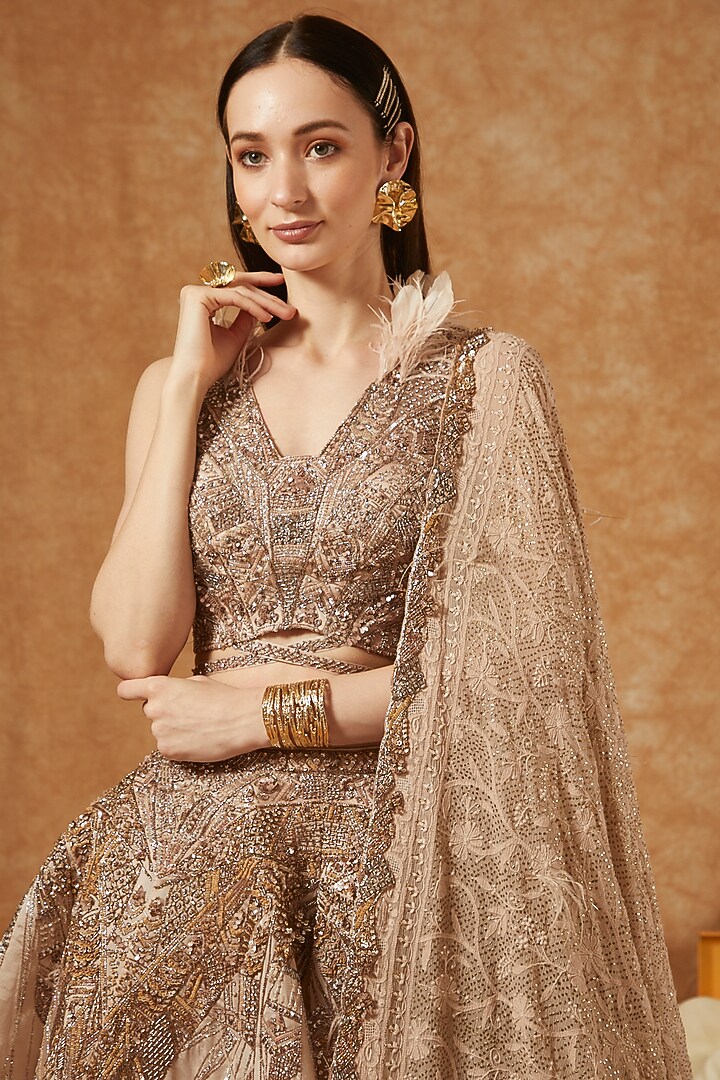 Champagne Silk Organza Embroidered Bridal Lehenga Set by Dolly J at Pernia's Pop Up Shop
