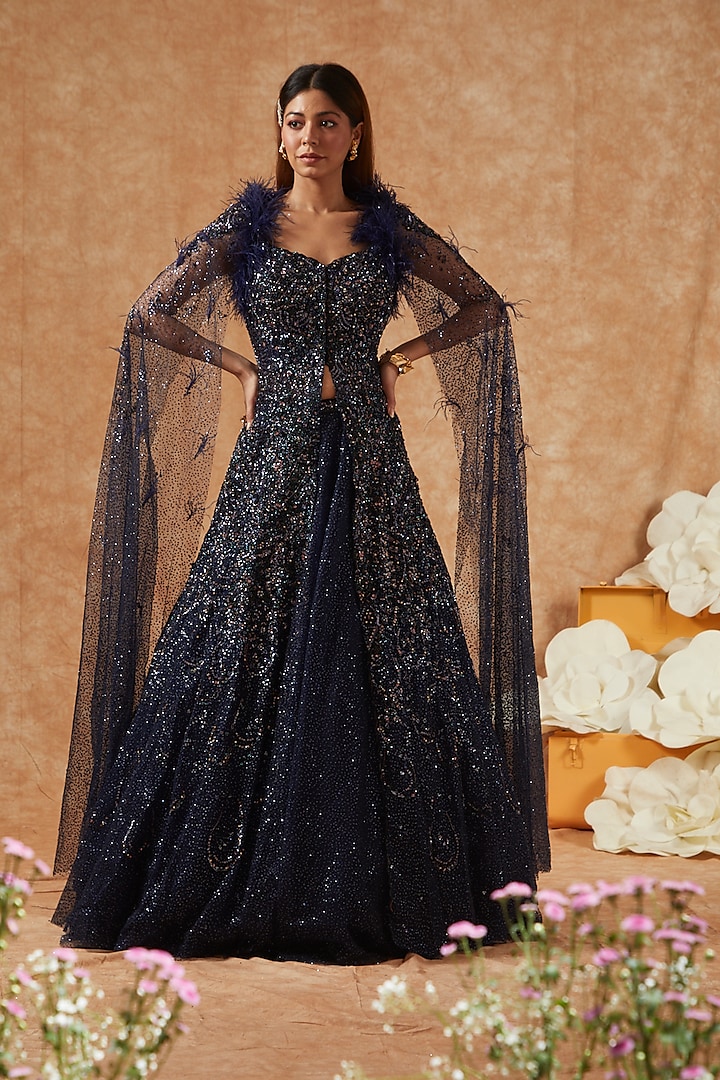 Midnight Blue Shimmer Tulle Embellished Jacket Bridal Lehenga Set by Dolly J at Pernia's Pop Up Shop