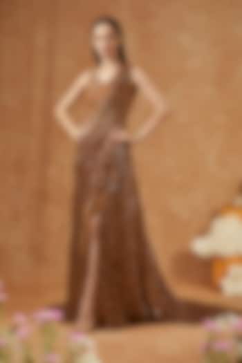 Gold Hand Woven Organza Embellished Gown by Dolly J