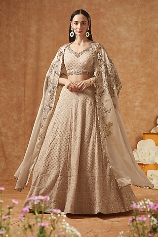 Off-White Chikankari Chiffon Embroidered Lehenga Set by Dolly J