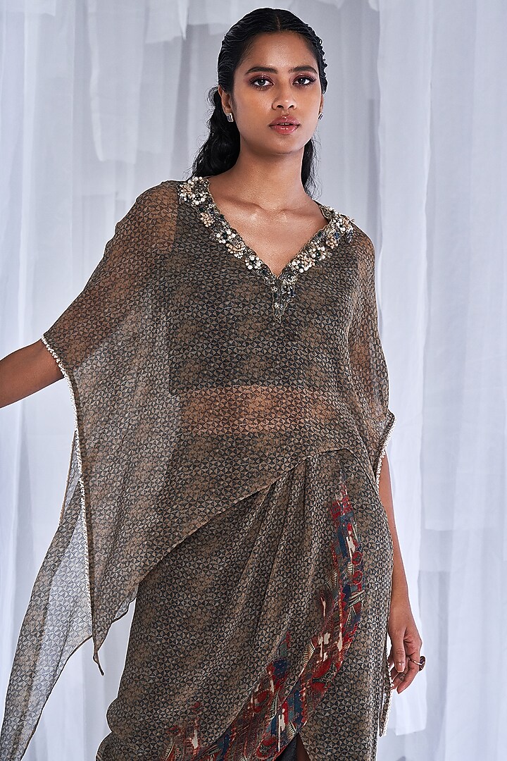 Grey Chiffon Printed Skirt Set by Dolly J at Pernia's Pop Up Shop