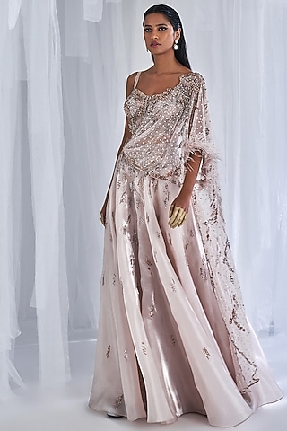 Silver Tissue Organza Embroidered Lehenga Set by Dolly J