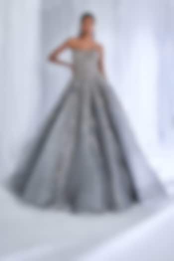 Silver Organza Embroidered Bridal Gown With Belt by Dolly J at Pernia's Pop Up Shop