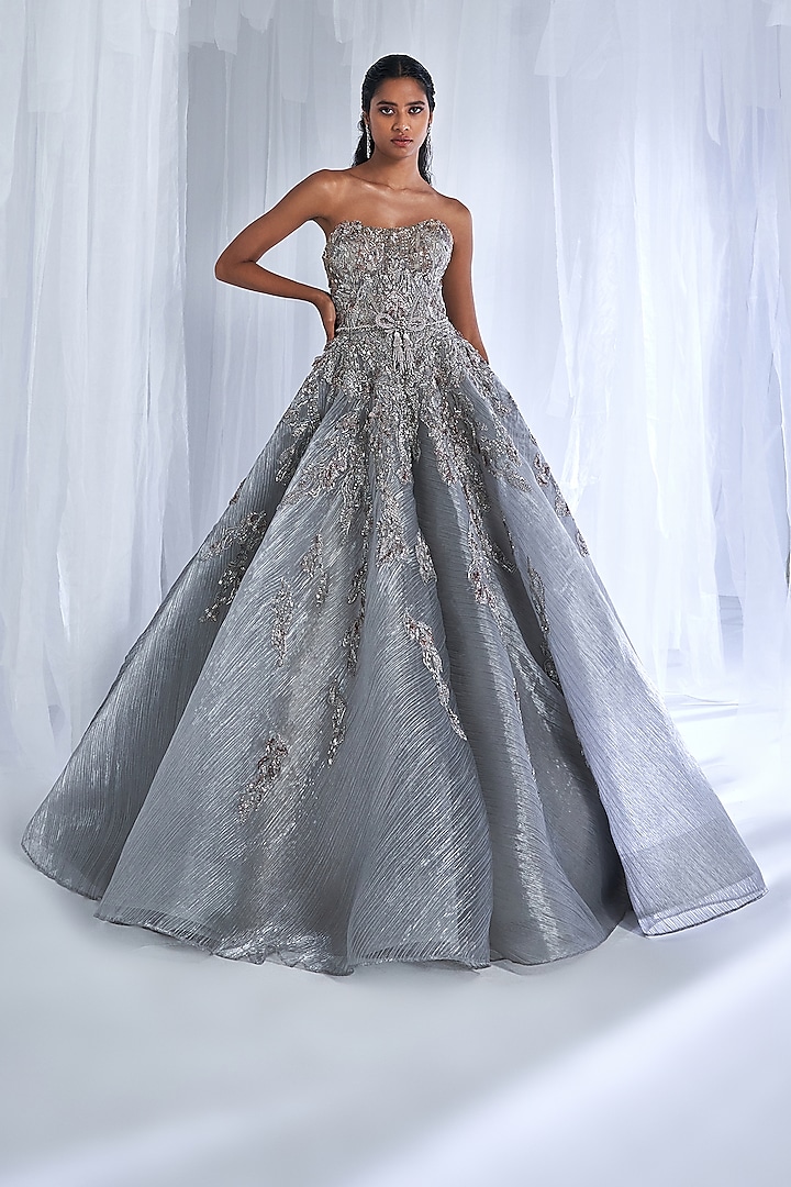 Silver Organza Embroidered Gown With Belt by Dolly J