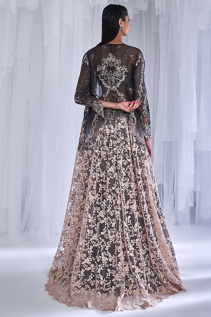 Charcoal Grey Ombre Organza Embroidered Jacket Set by Dolly J at Pernia's Pop Up Shop