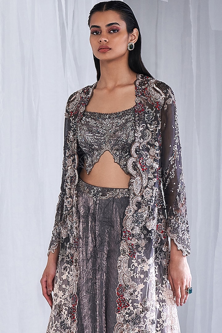 Charcoal Grey Ombre Organza Embroidered Jacket Set by Dolly J at Pernia's Pop Up Shop
