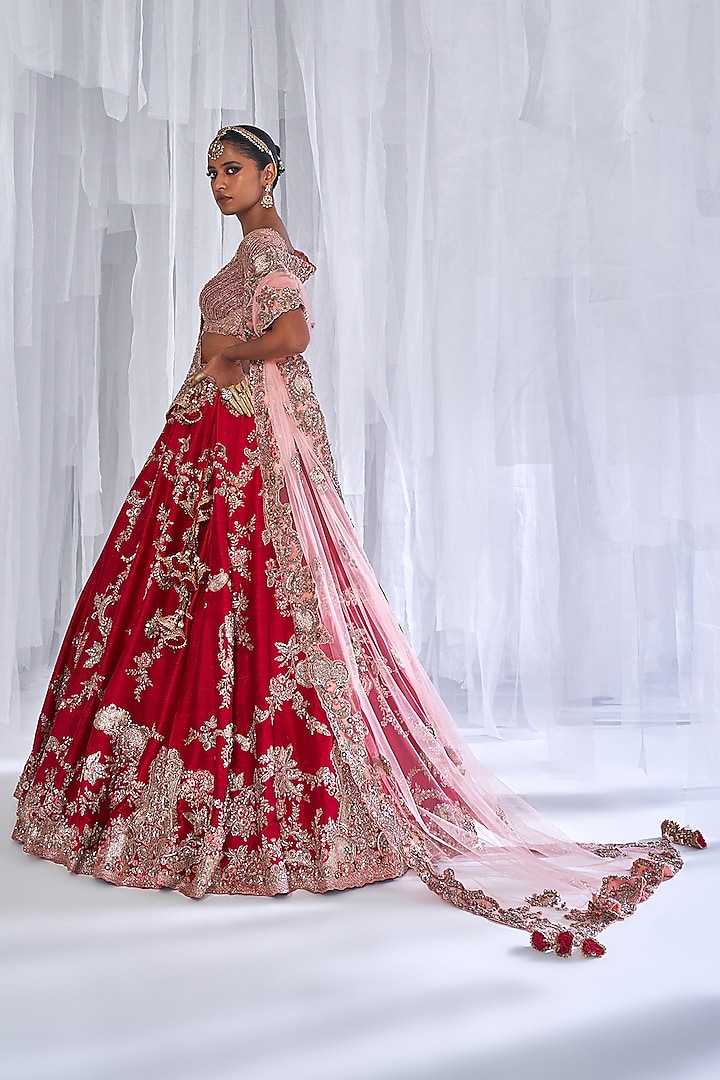 Maroon Raw Silk Embroidered Bridal Lehenga Set by Dolly J at Pernia's Pop Up Shop